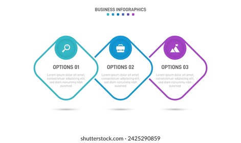 Timeline infographic with infochart. Modern presentation template with 3 spets for business process. Website template on white background for concept modern design. Horizontal layout.