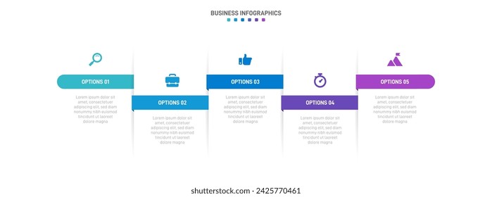 Timeline infographic with infochart. Modern presentation template with 5 spets for business process. Website template on white background for concept modern design. Horizontal layout.