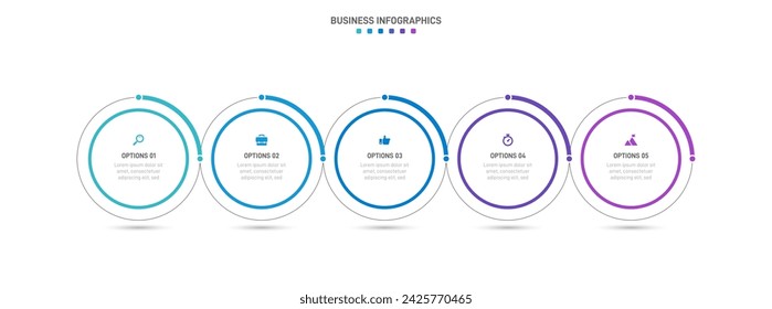 Timeline-Infografik mit Infodiagramm. Moderne Präsentationsvorlage mit 5 Spets für Geschäftsprozesse. Website-Vorlage auf weißem Hintergrund für modernes Konzept. Horizontales Layout.