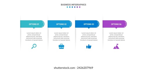 Timeline infographic with infochart. Modern presentation template with 4 spets for business process. Website template on white background for concept modern design. Horizontal layout.