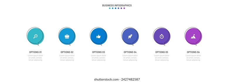 Timeline infographic with infochart. Modern presentation template with 6 spets for business process. Website template on white background for concept modern design. Horizontal layout.