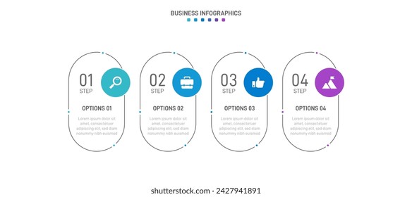 Timeline infographic with infochart. Modern presentation template with 4 spets for business process. Website template on white background for concept modern design. Horizontal layout.