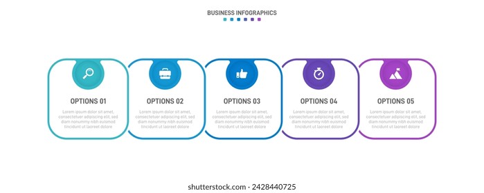 Timeline infographic with infochart. Modern presentation template with 5 spets for business process. Website template on white background for concept modern design. Horizontal layout.