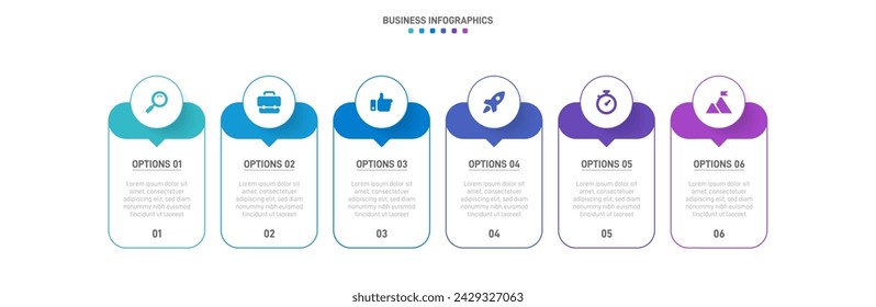 Timeline infographic with infochart. Modern presentation template with 6 spets for business process. Website template on white background for concept modern design. Horizontal layout.