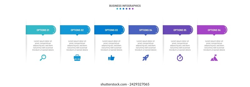 Timeline-Infografik mit Infodiagramm. Moderne Präsentationsvorlage mit 6 Spets für Geschäftsprozesse. Website-Vorlage auf weißem Hintergrund für modernes Konzept. Horizontales Layout.