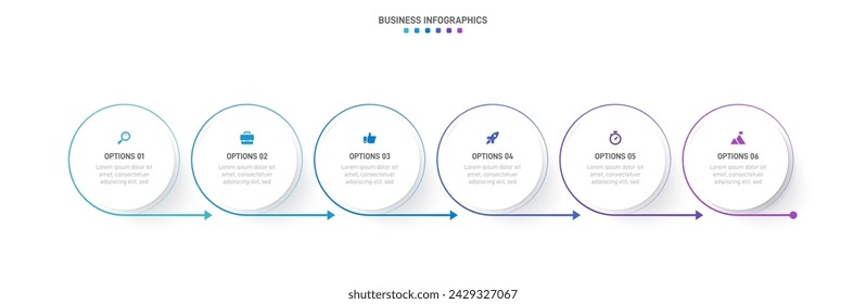 Timeline infographic with infochart. Modern presentation template with 6 spets for business process. Website template on white background for concept modern design. Horizontal layout.