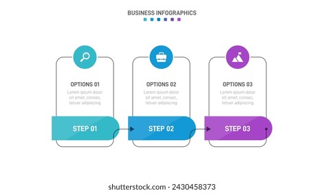 Timeline infographic with infochart. Modern presentation template with 3 spets for business process. Website template on white background for concept modern design. Horizontal layout.