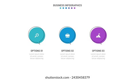 Timeline infographic with infochart. Modern presentation template with 3 spets for business process. Website template on white background for concept modern design. Horizontal layout.
