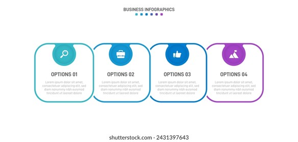 Timeline infographic with infochart. Modern presentation template with 4 spets for business process. Website template on white background for concept modern design. Horizontal layout.