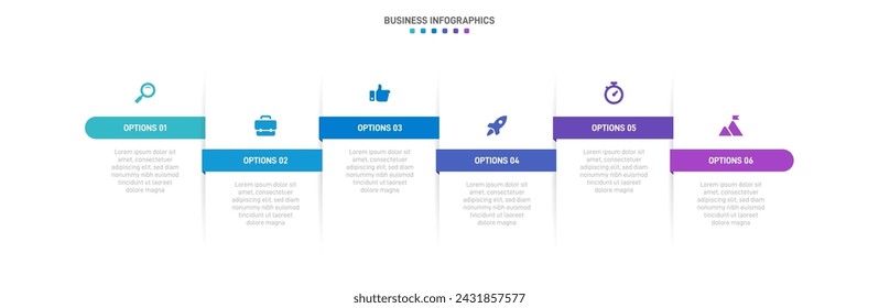 Timeline infographic with infochart. Modern presentation template with 6 spets for business process. Website template on white background for concept modern design. Horizontal layout.