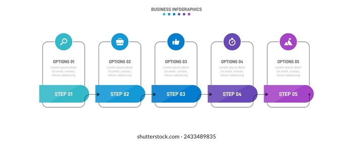 Timeline-Infografik mit Infodiagramm. Moderne Präsentationsvorlage mit 5 Spets für Geschäftsprozesse. Website-Vorlage auf weißem Hintergrund für modernes Konzept. Horizontales Layout.