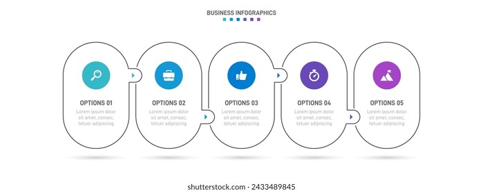 Timeline infographic with infochart. Modern presentation template with 5 spets for business process. Website template on white background for concept modern design. Horizontal layout.