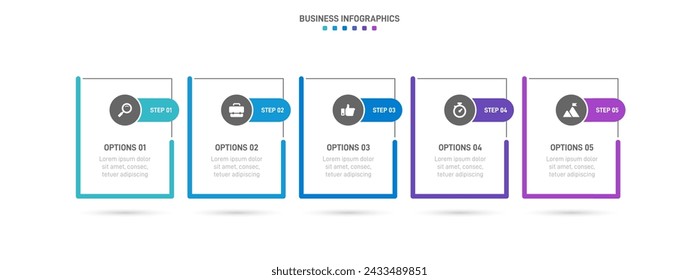 Infografía de línea de tiempo con infochart. Plantilla de presentación moderna con 5 esperas para el proceso de negocio. Plantilla de sitio web sobre fondo blanco para concepto de diseño moderno. Diseño horizontal.