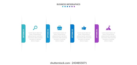 Timeline infographic with infochart. Modern presentation template with 4 spets for business process. Website template on white background for concept modern design. Horizontal layout.