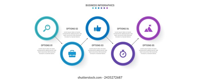 Timeline infographic with infochart. Modern presentation template with 5 spets for business process. Website template on white background for concept modern design. Horizontal layout.