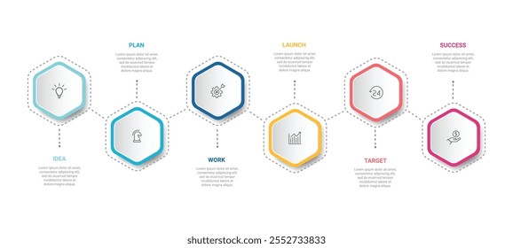 Timeline infographic with infochart. Modern presentation template with 6 spets for business process. Website template on white background for concept modern design. Horizontal layout.