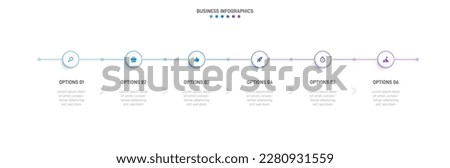 Timeline infographic with infochart. Modern presentation template with 6 spets for business process. Website template on white background for concept modern design. Horizontal layout.