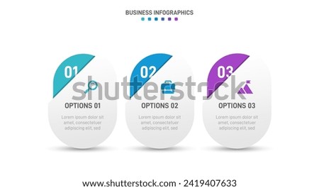 Timeline infographic with infochart. Modern presentation template with 3 spets for business process. Website template on white background for concept modern design. Horizontal layout.