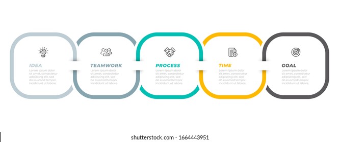 Timeline infographic label design with marketing icons and square layout. Business concept with 5 options, steps or processes. Vector illustration.