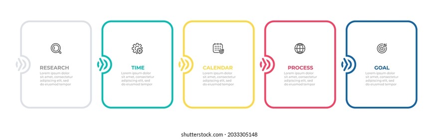 Timeline infographic label design with square template. Business concept with 5 options or steps. Vector illustration.