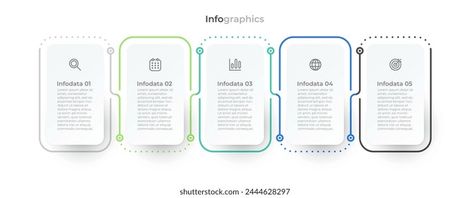 Timeline infographic with modern rectangles arranged horizontal, labeled with business icons and 5 steps or options. Vector illustration.