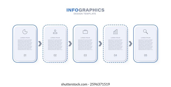 Timeline infographic with modern rectangles arranged horizontal, labeled with business icons and 5 steps or options.