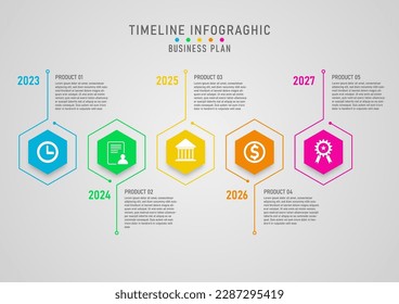 timeline infographic multi colored hexagons with lines Business and product growth planning 5 years. Multiple icons in the middle. gray gradient background Designed for marketing, investing, finance.