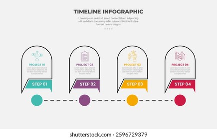 timeline infographic outline style with 4 point template with discussion commentary box discussion on dot pointer connection for slide presentation vector