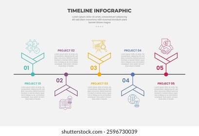 timeline infographic outline style with 5 point template with ribbon arrow outline on timeline dot horizontal pointer for slide presentation vector