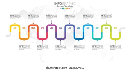 Timeline infographic presentation for 1 year 12 months used for Business concept with 12 options, steps and processes.