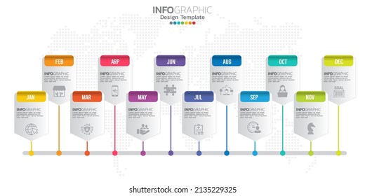 Timeline infographic presentation for 1 year 12 months used for Business concept with 12 options, steps and processes.