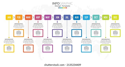 Presentación de la infografía de la línea de tiempo durante 1 año 12 meses utilizada para el concepto de negocio con 12 opciones, pasos y procesos.