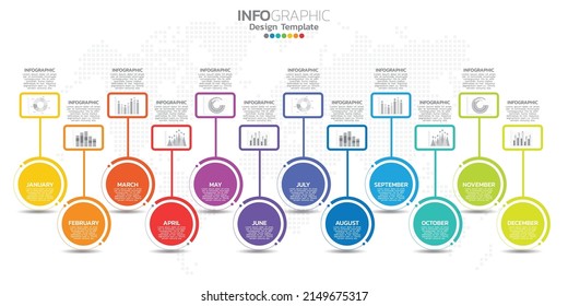 Timeline infographic presentation for 1 year 12 months used for Business concept with 12 options, steps and processes.