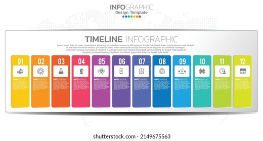 Timeline infographic presentation for 1 year 12 months used for Business concept with 12 options, steps and processes.