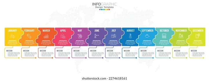 Timeline infographic presentation for 1 year 12 months used for Business concept with 12 options, steps and processes.