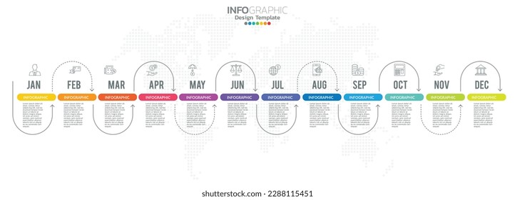 Timeline infographic presentation for 1 year 12 months used for Business concept with 12 options, steps and processes.