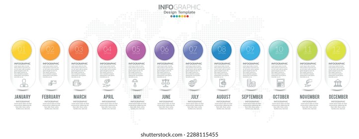 Zeitstrahl-Infografik-Präsentation für 1 Jahr 12 Monate für Business-Konzept mit 12 Optionen, Schritte und Prozesse.