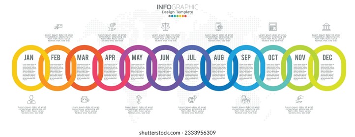Timeline infographic presentation for 1 year 12 months used for Business concept with 12 options, steps and processes.