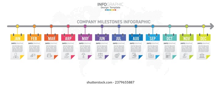 Timeline infographic presentation for 1 year 12 months used for Business concept with 12 options, steps and processes.