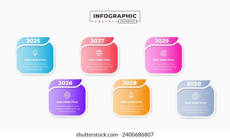 Timeline infographic presentation template with 6 steps or options