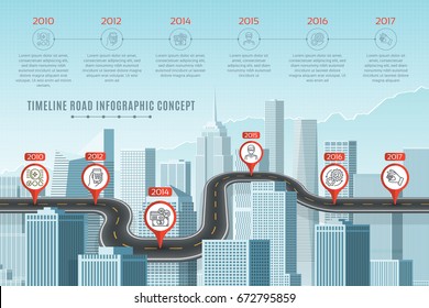 Timeline infographic road concept on similar New York City skyline. Navigation map template. Vector illustration