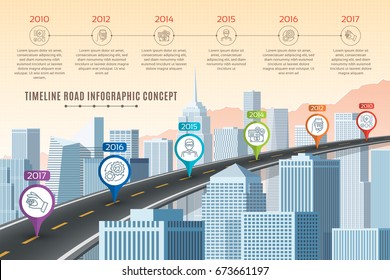 Timeline infographic road concept on similar New York City skyline. Navigation map template. Vector illustration