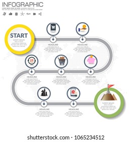 Timeline infographic road map with businessicons designed for template milestone element, modern diagram process chart Vector illustration.