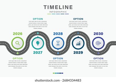 Cronograma Roteiro infográfico 5 etapas com ícones anuais de 2026 a 2030