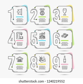 Timeline infographic. Set of Coffee machine, Beer glass and Sign out icons. Parking garage, Sale and Best rank signs. Teamwork results, Keywords and Beer symbols. Vector
