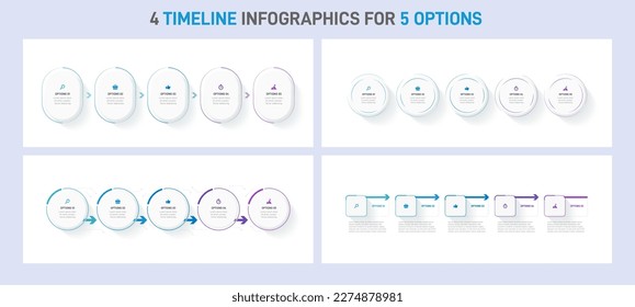 Timeline infographic set with infochart. Modern presentation template with 5 spets for business process collection. Website template on white background for concept modern design. Horizontal layout.