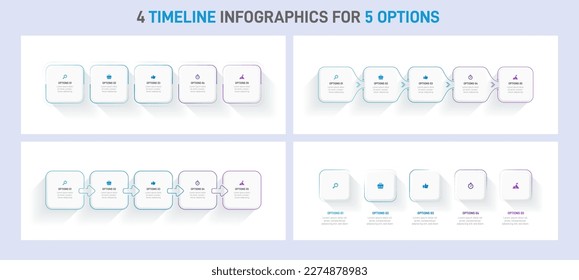 Timeline infographic set with infochart. Modern presentation template with 5 spets for business process collection. Website template on white background for concept modern design. Horizontal layout.