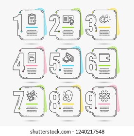 Timeline infographic. Set of Paint brush, Approved checklist and Healthy face icons. Money wallet, Cash and Payment method signs. Diploma, Comments and Service symbols. Vector