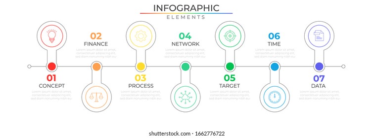Timeline infographic with seven steps target and icons. Chart process template. Modern vector for company or corporate business project and presentation. Trendy Eps10 design