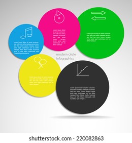 Timeline infographic simple flat design template. Colorful circles with description inside of elements.